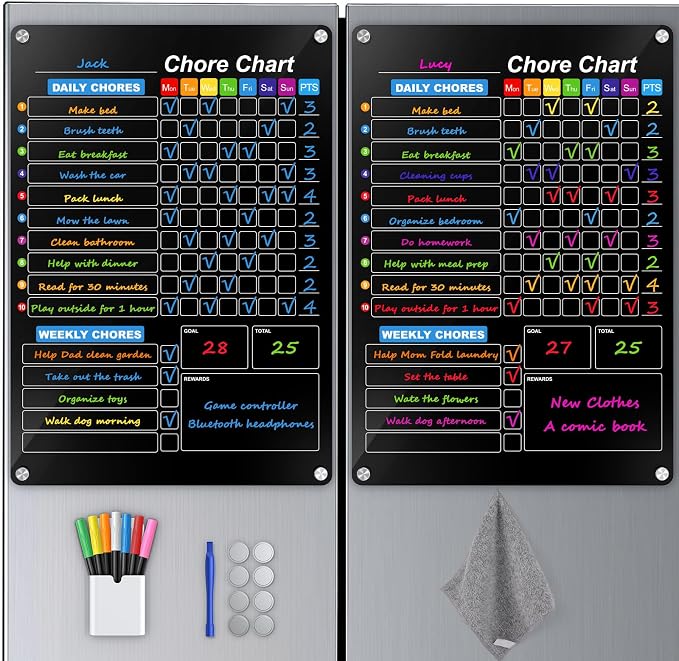 2-Pack Acrylic Magnetic Chore Chart for Kids, 12"x16" Daily/Weekly Easy-Check Reward Responsibility to Do List, Fridge Dry Erase Board for Multiple Kids Teens Adult Family with 7 Markers