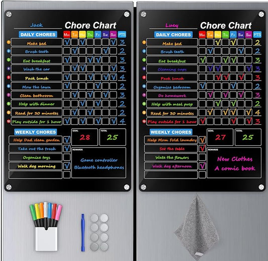 2-Pack Acrylic Magnetic Chore Chart for Kids, 12"x16" Daily/Weekly Easy-Check Reward Responsibility to Do List, Fridge Dry Erase Board for Multiple Kids Teens Adult Family with 7 Markers