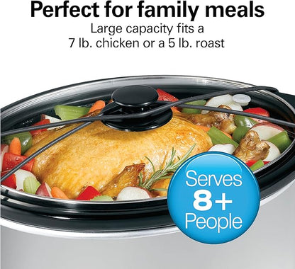 Hamilton Beach 7-Quart Portable Slow Cooker Serves 8+, Dishwasher Safe Crock, Lid Latch Strap for Travel, Brushed Silver