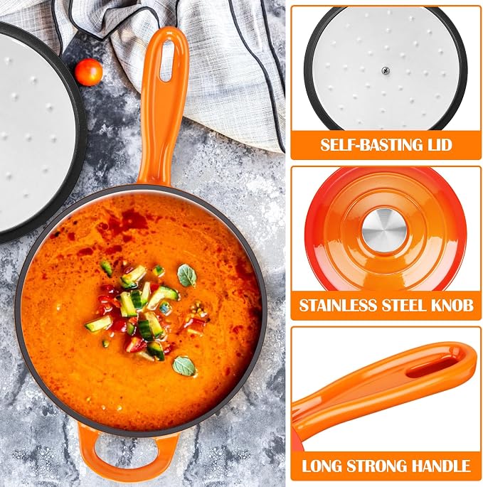 E-far Enameled Cast Iron Sauce Pan, 2 Quart Dutch Oven Saucepan with Lid, Small Sauce Pot for Cooking, Boiling, Healthy & Non Toxic, Induction & Oven Safe, Orange