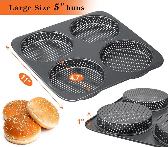 Webake 5" Large Hamburger Bun Pan, Nonstick Bun Pans for Baking, Heavy Gauge Carbon Steel, Homemade Burger Set of 2