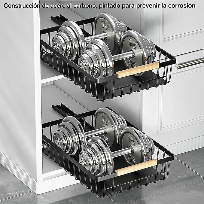 2 Pack No Drill Pull Out Cabinet Organizer, Carbon Steel Slide Out Drawer with Nano Adhesive, Kitchen Pantry Bathroom Under Cabinet Storage, Black