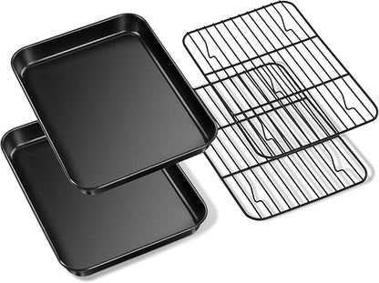 E-far Toaster Oven Baking Sheet with Rack Set, 9 x 7 x 1 Inch Cookie Sheet Baking Pans with Cooling Racks, Warp Resistant & Heavy-Duty, Nonstick & Easy Clean (2 Pans + 2 Racks)