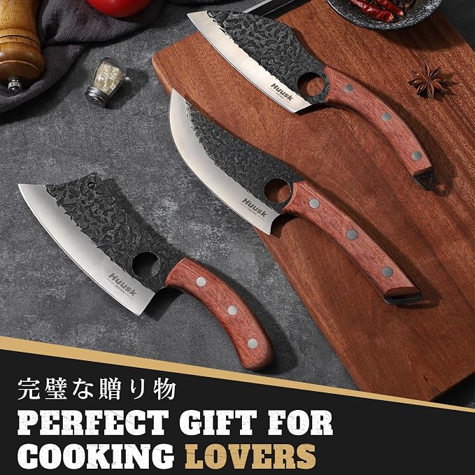 Huusk Butcher Knife Set of 3- Japanese Knife Set for Meat Cutting, Hand Forged Viking Knives Sets with Meat Cleaver, Heavy-Duty Kitchen Knives Sets for Bone BBQ Vegetable, Fathers' Day Gift for Dad