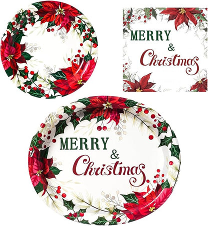 Dereinwo 100 PCS Christmas Paper Plates and Napkins | Bundle Includes Paper Oval Dinner Plates and Napkins for Christmas Party Supplies