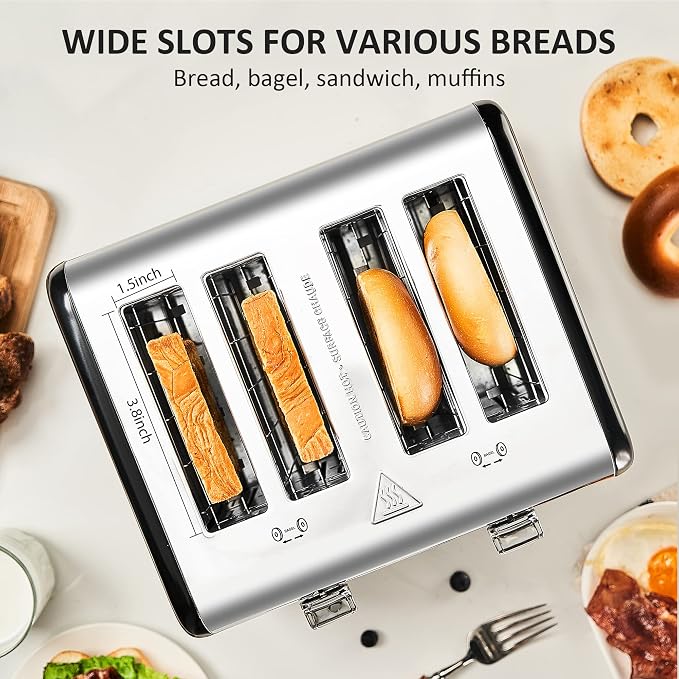 Roter Mond Countdown Stainless Steel 4 Slice Toaster with Bagel, Defrost, Cancel Function, Dual Toaster, Extra Wide Slots, 6 Shade Settings, Removable Crumb Trays, 1650W, Black