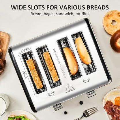 Roter Mond Countdown Stainless Steel 4 Slice Toaster with Bagel, Defrost, Cancel Function, Dual Toaster, Extra Wide Slots, 6 Shade Settings, Removable Crumb Trays, 1650W, Black