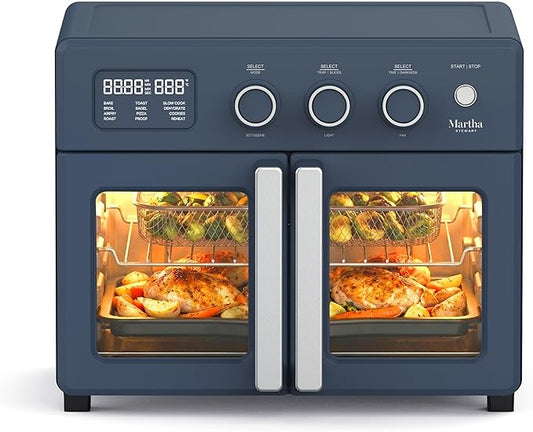 Martha Stewart French Door Air Fryer Toaster Oven Combo, 34QT Countertop Convection, 12-in-1, Bake, Broil, Roast, Fits 12” Pizza, Dehydrate, 5 Accessories, Air Fry Basket, Stainless Steel, Indigo Blue