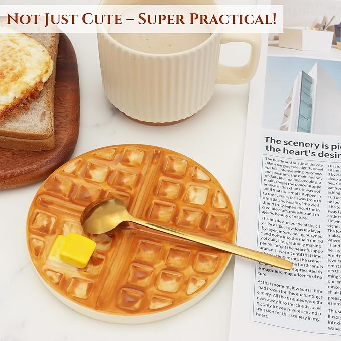 Waffle Spoon Rest for Stove Top, Cute Spoon Holder for Kitchen Counter Cooking Utensil Rest Ceramic Coffee Spoon Rest, Yellow Kitchen Counter Decor (Round Waffle Spoon Holder)