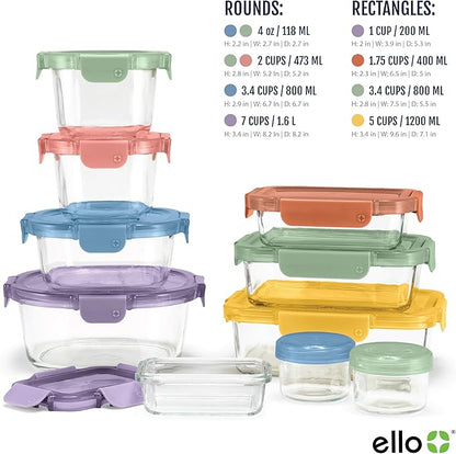 Ello Color Lock 8PC Mixed Glass Food Storage Sets, Leak-Proof Glass Food Storage Containers