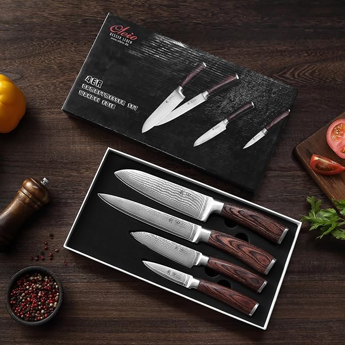 Wakoli EDIB 4-Piece Damascus Knife Set – Professional Kitchen Knife Set, 67-Layer Genuine Damascus Steel, High Carbon Stainless Steel Core (VG10), Ergonomic Pakkawood Handles, In Elegant Gift Box