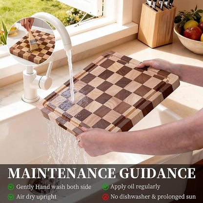 WILLKOMMEN Checkered Cutting Board for Kitchen– Wood Checkerboard End Grain Chopping Board 1" Thick Wooden Butcher Block with Juice Groove & Handle, Reversible for Cooking and Serving (Square)