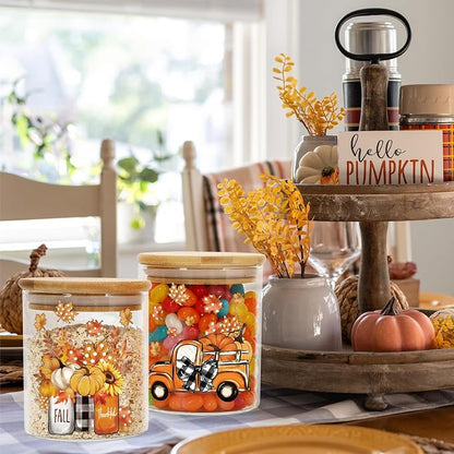 JarThenaAMCS 3Pcs Fall Glass Storage Jars with Airtight Lid Orange Pumpkin Autumn Gnome Truck Clear Food Storage Canisters Sets for Harvest Thanksgiving Home Kitchen Countertop Decoration