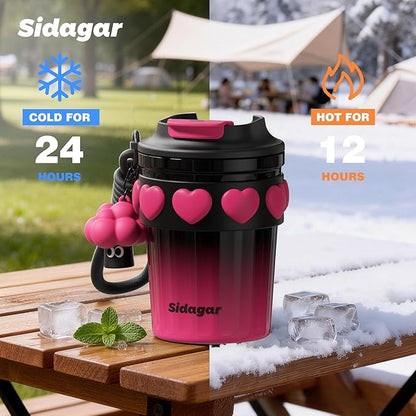 SDGA+ 12 OZ Travel Coffee Mug with Lid Spill Proof Leak Proof, Stainless Steel Thermal Coffee Tumbler for Hot and Cold, Resuable Insulated Coffee Cup For Women, Black and Pink