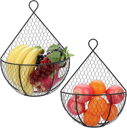 BSTKEY Set of 2,Wall-Mounted Hanging Metal Fruit Vegetable Baskets Hanging Produce Bins for Flowers, Decorations,Veggies,Decorations and More, Black