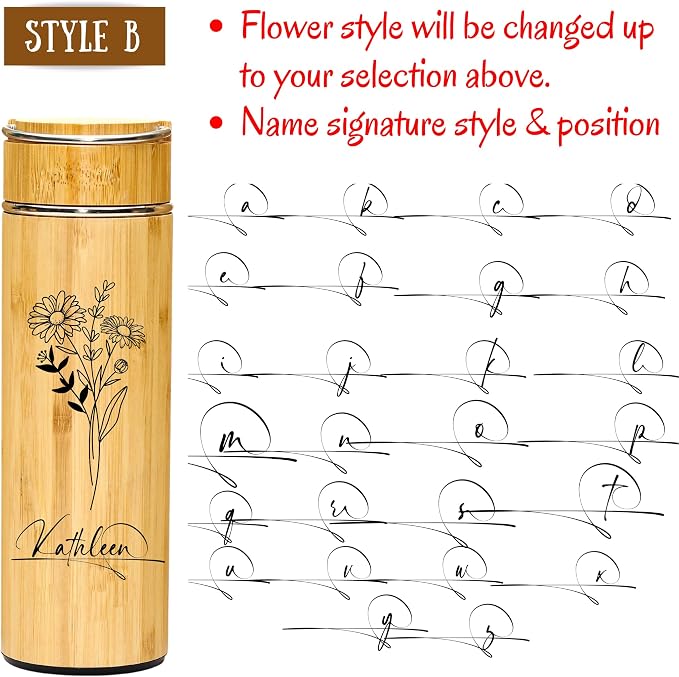 Bamboo Water Tumbler Personalize Travel Mug Custom Engraved Tea Tumbler with Infuser Wooden Bottle Birthday Gift Flower for Tea Lover, Mom, Women Tea Infuser (BB006-B, 15 oz)
