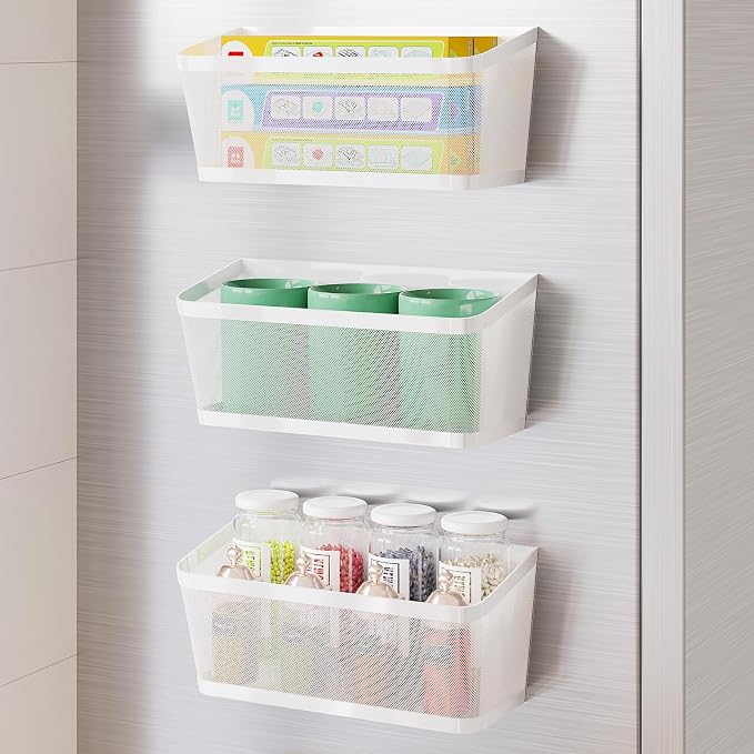 3 Pack White Metal Magnetic Spice Rack for Refrigerator, Heavy Duty Magnet Shelf for Fridge, Drill Free Mesh Organizer Basket for Kitchen, Pantry, Laundry Room, Garage