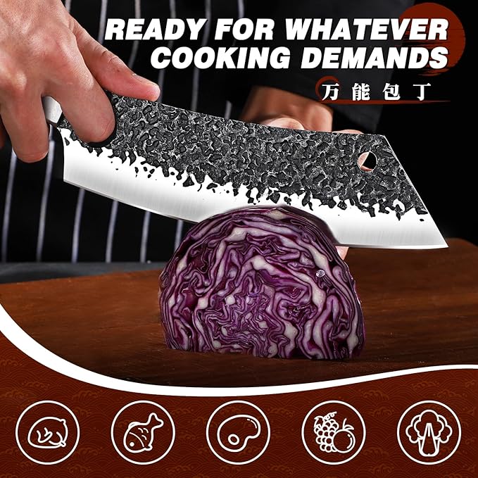 Huusk Butcher Knives for Meat, Hand Forged Carbon Steel Viking Kitchen Knife Set with Roll Bag, Meat Cleaver Chef Knife Sets for Cooking Camping BBQ, Gift for Men Husband