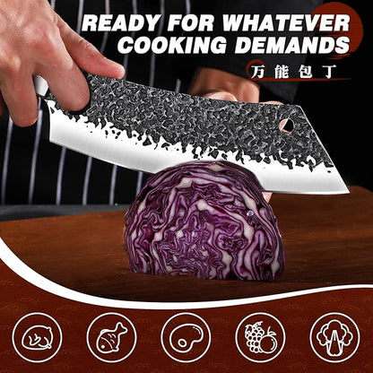 Huusk Butcher Knives for Meat, Hand Forged Carbon Steel Viking Kitchen Knife Set with Roll Bag, Meat Cleaver Chef Knife Sets for Cooking Camping BBQ, Gift for Men Husband