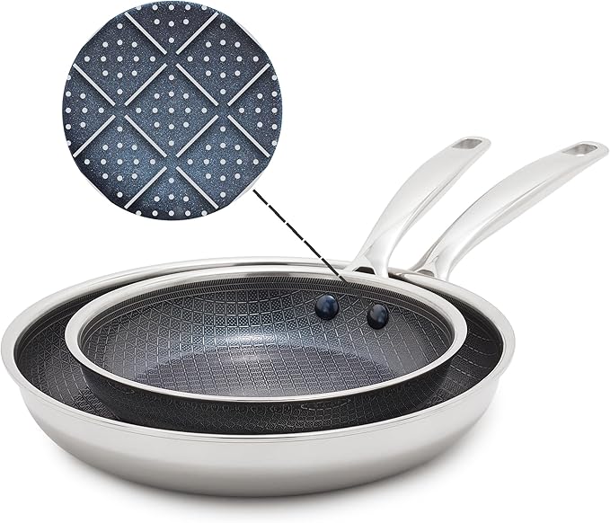 Blue Diamond Hybrid Nonstick Stainless Steel 8” & 10” Frying Pan Skillet Set, PFAS-Free Ceramic Diamond Bond Searing, Egg & Omelet Pan, Dishwasher Safe, Stay-Cool Handle, Induction Ready, All Cooktops