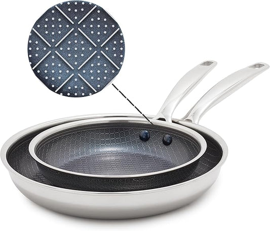 Blue Diamond Hybrid Nonstick Stainless Steel 8” & 10” Frying Pan Skillet Set, PFAS-Free Ceramic Diamond Bond Searing, Egg & Omelet Pan, Dishwasher Safe, Stay-Cool Handle, Induction Ready, All Cooktops