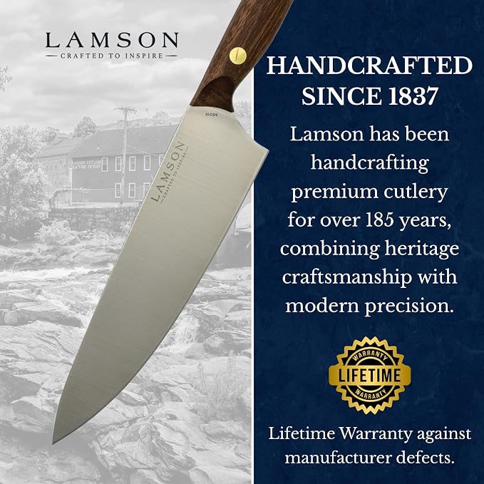 Lamson Vintage 8" Chef's Knife, Hi-Carbon Stainless Steel Blade, Double Riveted for Balance, Ideal for Dicing, Slicing & Chopping, Kitchen Knives - Walnut Handle