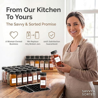 SAVVY & SORTED Glass Spice Jars with Label 24 PK - 4 Oz Spice Containers with 374 Minimalist Preprinted Labels Stickers, Pepper Grinder Funnel Shaker Lids, Empty Seasoning Containers Bottles