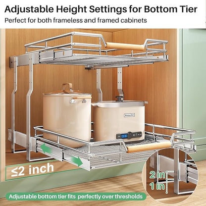 Pull out Cabinet Organizer, 2 Tiers 17"W X 21"D, Heavy Duty Smooth Sliding Under Cabinet Shelves for Pots and Pans, Full-Extension Roll out Drawers, Slide out Organization for Home Kitchen Pantry