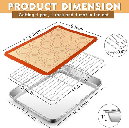 P&P CHEF 12.5 Inch Baking Oven Sheet Pan with Rack & Mat for Cookie, Stainless Steel Oven Sheet Tray Cooling Rack and Silicone Mat for Baking & Roasting, Dishwasher Safe & Healthy, 3Pcs