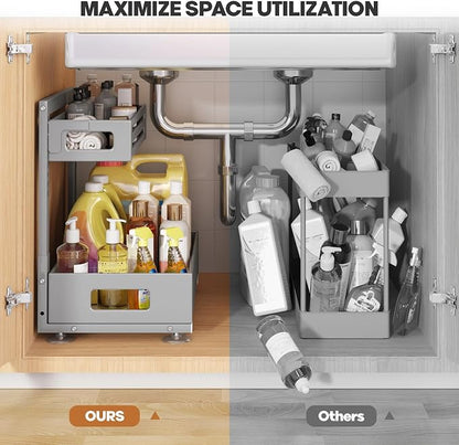 2 Pack Under Sink Organizer,Pull Out Cabinet Organizer With Smooth Cylindrical Rail,Metal Slide Out Drawer for Kitchen Bathroom Laundry Cabinet,8-Level Tool Free Height Adjustable-Gun Gray