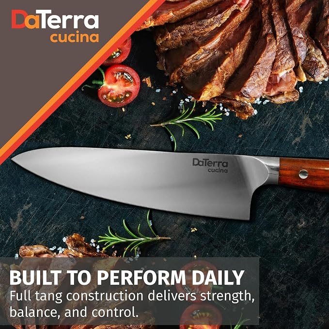 DaTerra Cucina - 8 Inch Chef Knife – German Steel Professional Kitchen Knife with Ergonomic Rosewood Handle, Sharp, Durable, Easy to Clean | Ideal for Chopping, Slicing & Dicing