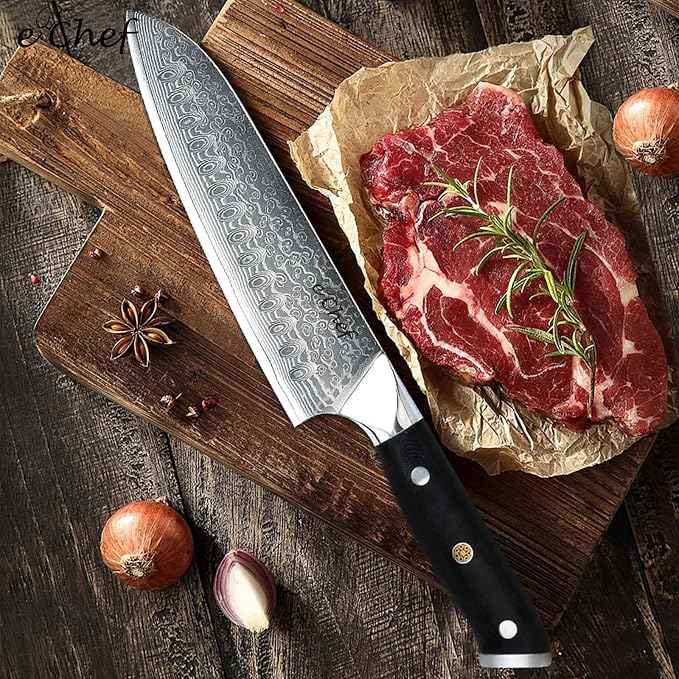 Damascus Santoku Knife 7-Inch, Professional Meat and Vegetable VG-10 Steel Kitchen Knife, G10 Bionic Wood Grain Handle Sharp Chef Knife, Comes with Gift Box (7-inch Santoku Knife)