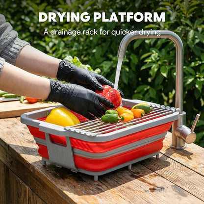FEASTO Collapsible BBQ Prep Tubs with Cutting Board, 9-IN-1, 2 Tubs Portable Grill Prep Station with Side Brackets, Lids, Knives, Meat Claws and Drain Rack, Space-Saving for Kitchen & Camping, Red
