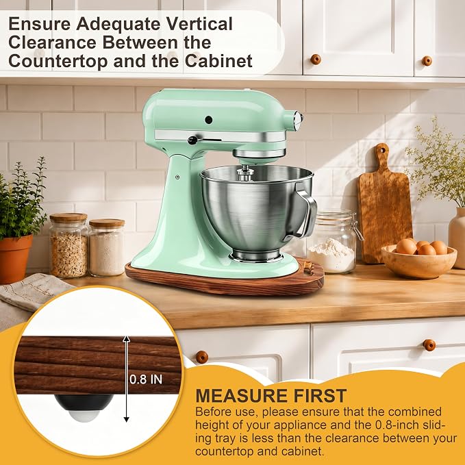TREWAVE Mixer Slider Mat with 4 Caster Wheels, Pine Wood Sliding Tray Compatible with KitchenA 4.5-5 Qt Tilt-Head Stand Mixer, Kitchen Countertop Storage Accessories, 15.5" x 9.5"