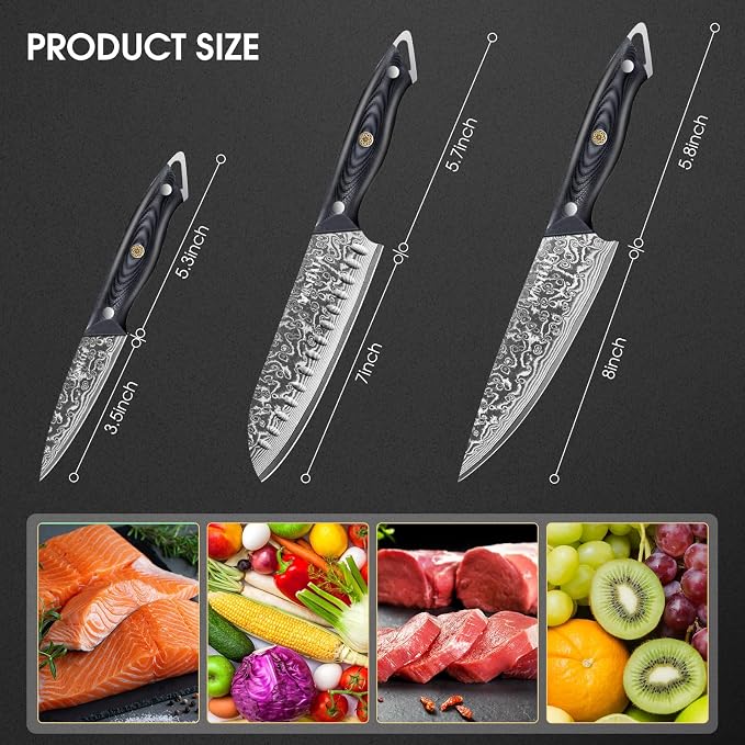 MOSFiATA 3PCS Knife,Kitchen Knives Set with VG10 Steel, Ultra-Sharp Professional Chef Knife Set and Full Tang G10 Handle, Gift Box