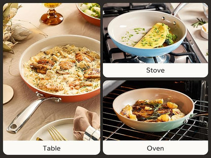 Redchef Colorful Ceramic Nonstick Frying Pan Set, Ceramic Pan Skillet, Non Toxic Pans for Cooking, Induction Compatible with Stainless Steel Handles & 3 Cork Pads, PFAS & PTFE & PFOA Free（8+9.5+11"）