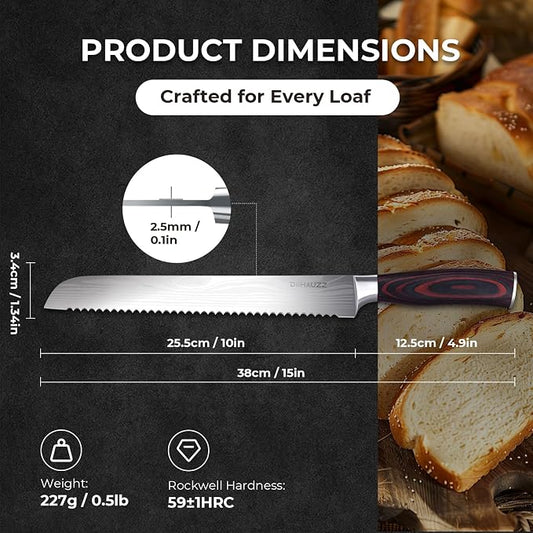 DiiHAUZZ Bread Knife, 10 Inch High Carbon Steel Blade, Pakkawood Handle | Ultra Sharp Serrated Edge, Ergonomic Handle, Roll Forged, Homemade Bread Loaf Bagel Cutter, Sourdough Slicer, Gift Box