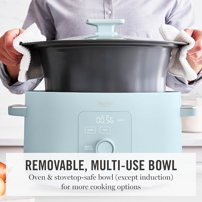 Martha Stewart 8 QT Slow Cooker, Programmable with Timer, 3 Heat Settings (Low, High, Warm), Nonstick Ceramic Removable Crock, Stovetop & Oven Safe, Glass Lid, Simmer, Reheat, Warm, Sky