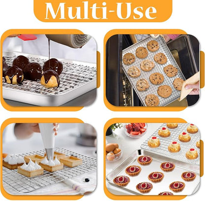 TeamFar Baking Pan with Rack Set (2 Pans + 2 Racks), Stainless Steel Cookies Sheet Baking Tray Pan with Grid Cooling Rack for Toaster Oven, Healthy & Heavy-Duty, Dishwasher Safe, 12.5 x 9.5 x 1 Inch