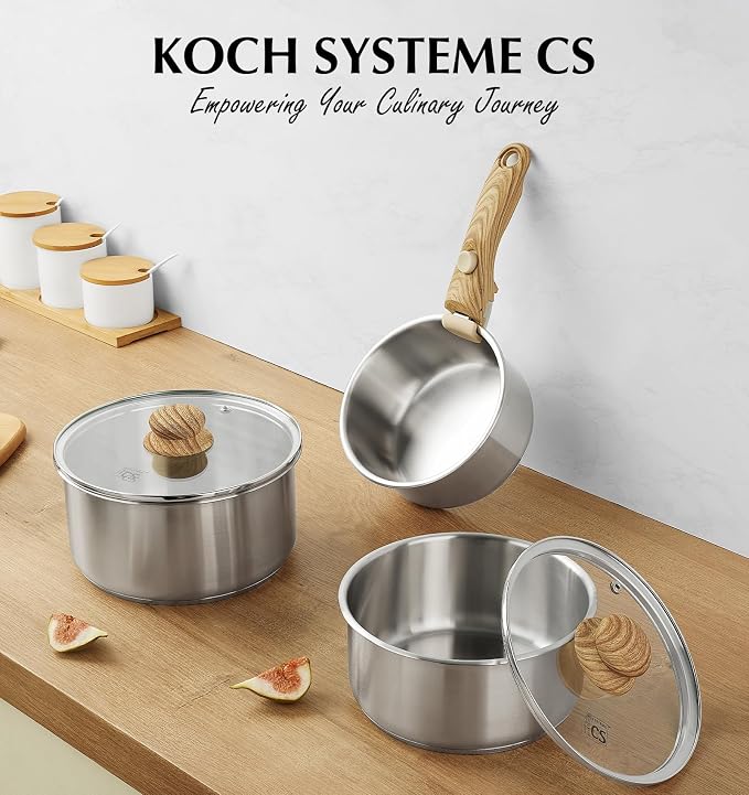 KOCH SYSTEME CS 18/10 Stainless Steel Saucepan Set Removable Handle, 1.5QT & 2QT & 3QT Sauce Pan with Lids, 6pcs Sauce Pot Detachable Handle, Induction Ready, Camping Cookware Set, Father Day Gifts