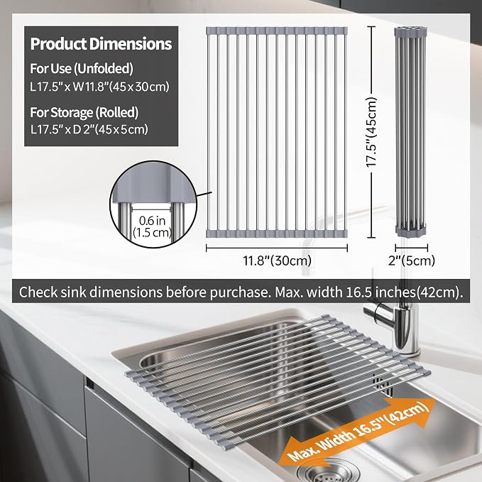 Sink Drying Rack, 17.5" X 11.8", Roll Up Dish Drying Rack for Kitchen, Gray