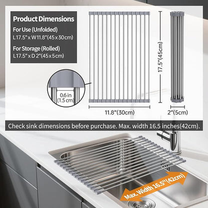 Sink Drying Rack, 17.5" X 11.8", Roll Up Dish Drying Rack for Kitchen, Gray