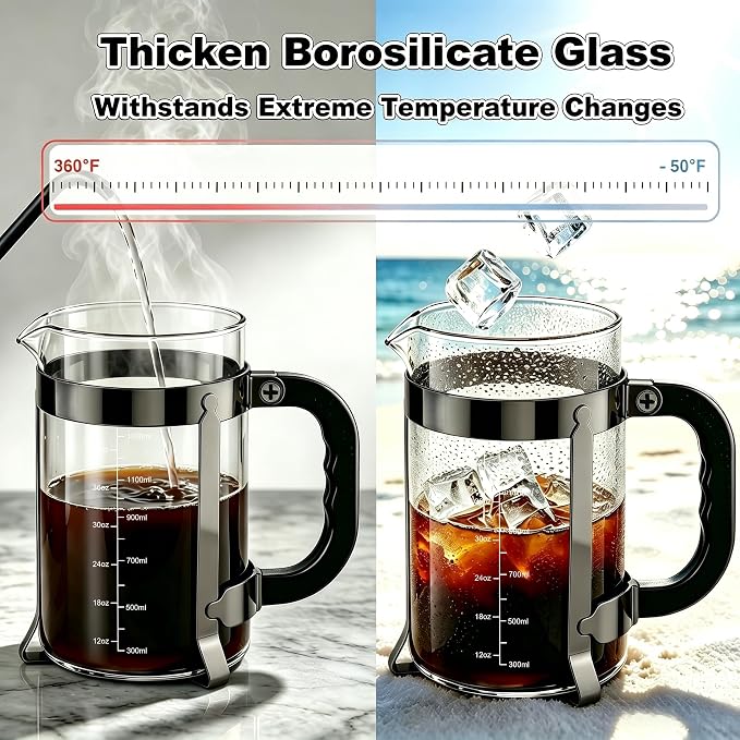 QUQIYSO French Press Coffee Maker, Large Coffee Press with Thick Borosilicate Glass, 304 Stainless Steel Filter, Finish Tea & Cold Brew Coffee Maker for Home, Office, Party, 51oz, Dark Pewter
