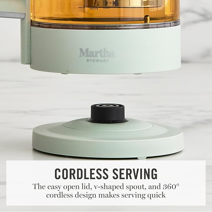 Martha Stewart Electric Kettle with Removable Stainless Steel Tea Infuser, Glass Carafe 1.7L (7 Cups), Hot Water Boiler, 4 Presets, Keep Warm & Auto Shut-Off, Cordless 360° Swivel Base, Honeydew Green