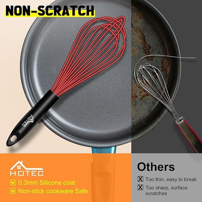 HOTEC 4 Pieces Silicone Whisks Set, Wire Balloon Whisks for cooking Egg Beater, Non-slip Handle Whisk for Non-stick Cookware Perfect for Cooking, Stirring, Beating and Blending,Red