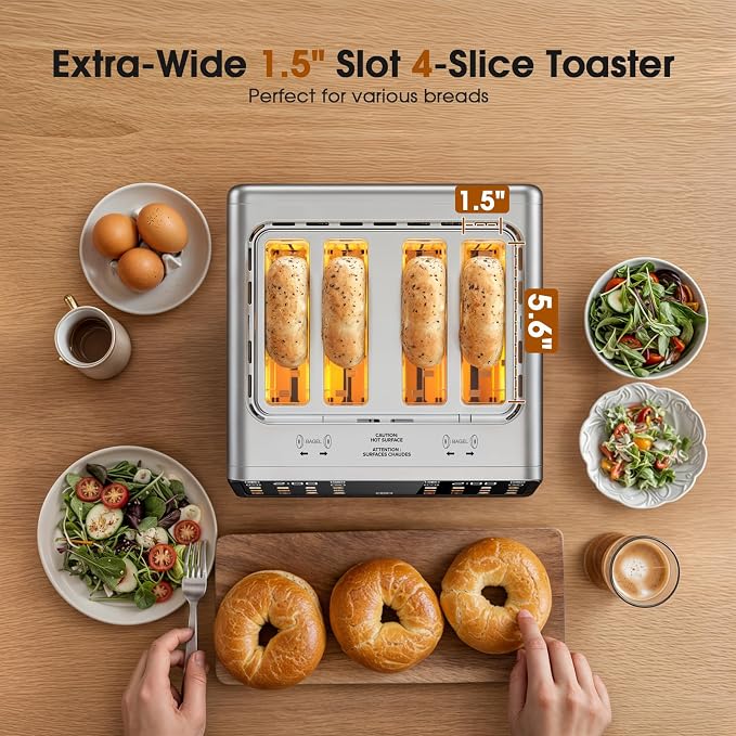 4 Slice Toaster Wide Slot with Dual Digital Touchscreen, 1800W Smart Toaster Stainless Steel Independent Control Panel, Single Slot Mode Timer for Bagels Bread, 6 Toast Shades
