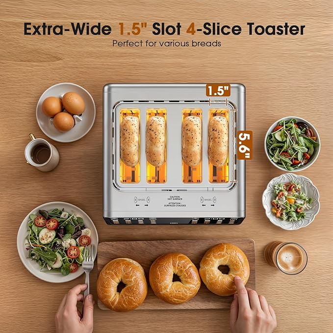 Smart Toaster 4 Slice with Dual Touchscreen, 1800W Stainless Steel Toasters Dual Zone Independent Control Extra Wide Slot 1.5 Inch, Single Slot Tech Timer for Bagel Waffle Bread