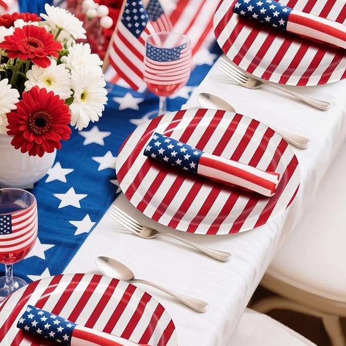 100 PCS Patriotic Paper Plates and Napkins | Bundle Includes Paper Oval Dinner Plates Dessert Plate and Napkins for 4th of July Independence Day Party Supplies