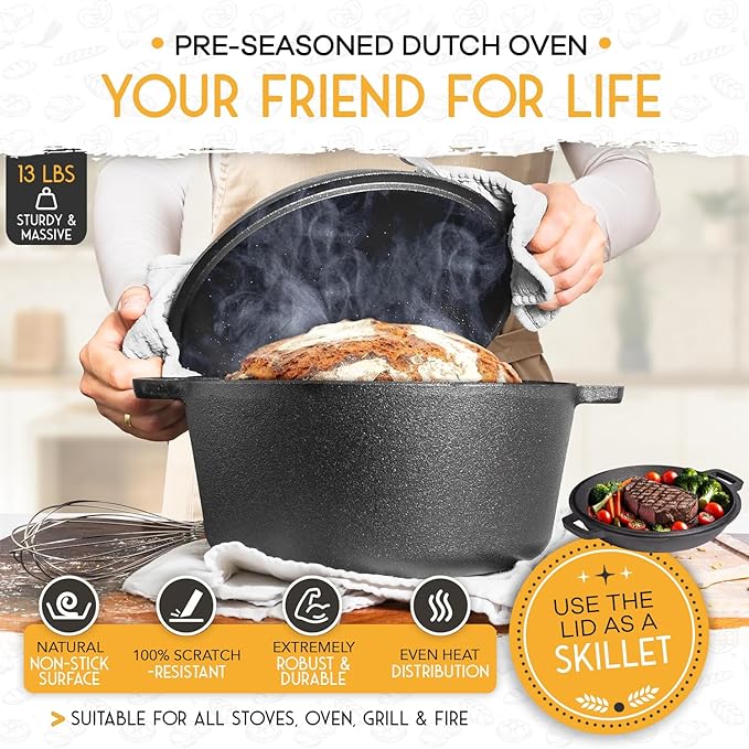 Crovora Pre-Seasoned Cast Iron Dutch Oven for Bread Baking with Skillet Lid - Incl. Sourdough Bread Baking Supplies like Banneton Bread Proofing Basket, 5QT Cast Iron Bread Pan, Bread Oven