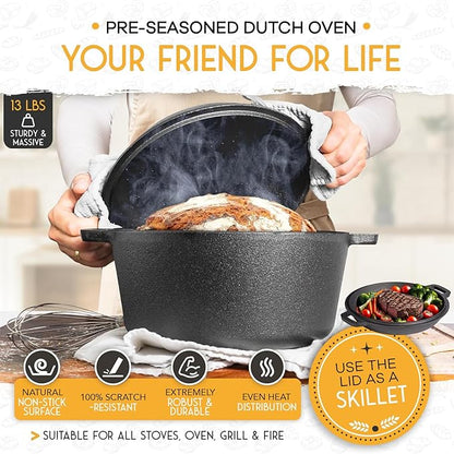 Crovora Pre-Seasoned Cast Iron Dutch Oven for Bread Baking with Skillet Lid - Incl. Sourdough Bread Baking Supplies like Banneton Bread Proofing Basket, 5QT Cast Iron Bread Pan, Bread Oven